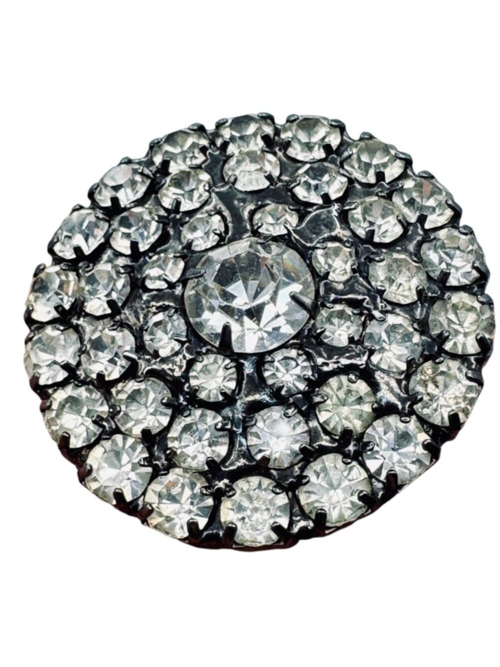 Vintage Rhinestone Brooch Japanned 1940s Dome Cluster Clear Prong Set Retro Glam - Picture 6 of 7